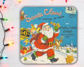 Santa Claus Is Coming To Town Coaster | Retro Christmas Record Cover Cork-back Print | Mid Century Christmas Gift | Blue Christmas Kitsch