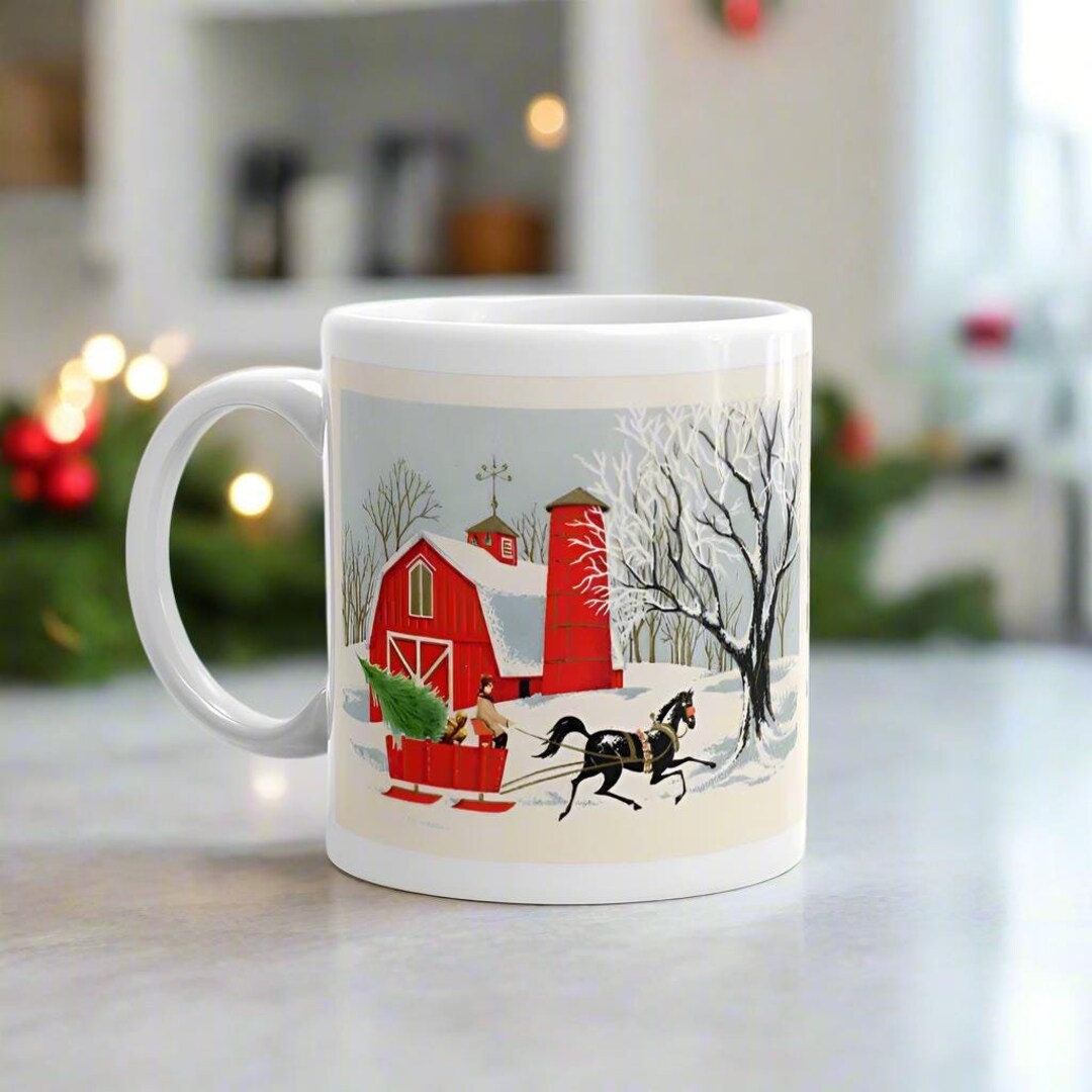 Christmas Mug Country Red Barn Sleigh Ride Horse Sled Winter Vintage