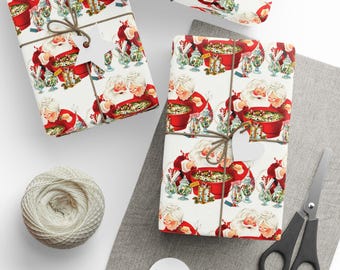 Christmas Cheer Santa and Mrs Claus Wrapping Papers, Retro Holiday Gift Wrap - Glossy or Matte, Festive Present Decoration, Xmas Decoration