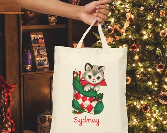 Personalized Holiday Cat Tote Bag | Cute Kitten Gift for Cat Lovers, Eco Friendly Shopping Bag, Christmas Treat Bag, Custom Name Tote