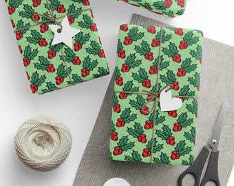 Cute Christmas Holly Christmas Print Holiday Gift Wrap Paper - Glossy Or Matte