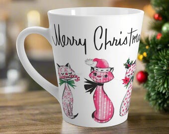 Merry Christmas Cats Mug Midcentury Retro Vintage Ceramic Glossy Latte Coffee Cup Unique Cozy Cute Winter Holiday Kitsch Gift For Her Him