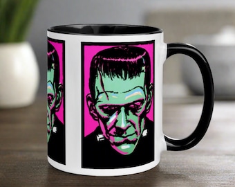Halloween Mug Frankenstein Monster Gothic Horror Retro Vintage Print Lined Black Glossy Mug Gift For Friend Him Her Unique Ceramic Cup