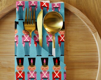 Retro Toy Soldiers Cloth Napkin Set, Midcentury Christmas Napkins, Nutcracker Holiday Decor, Blue Background Festive Napkins, Set of 4
