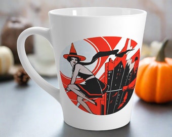 Latte Coffee Mug Halloween Flapper Witch Retro Vintage Art Deco Halloween Print Latte Ceramic Cup Unique Witchy Cute Gift For Friend