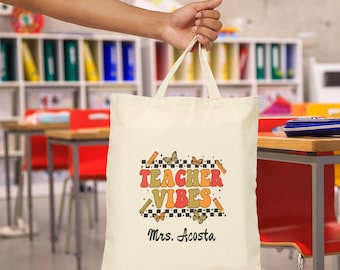 Teacher Vibes Cotton Canvas Tote Bag Teacher Gift Educational Supply Carrier Eco-Friendly Shopping Bag Personalized Tote Back to School