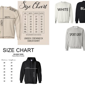 May include: Size chart for a unisex crewneck sweatshirt in white, black, and sport grey. The chart shows measurements in inches for chest, length, and sleeve for sizes S through 4XL.