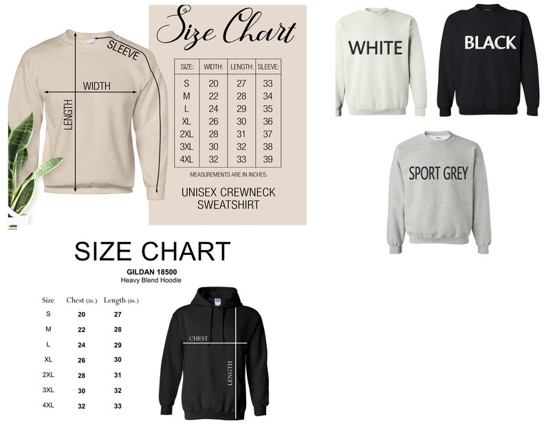 May include: Size chart for a unisex crewneck sweatshirt in white, black, and sport grey. The chart shows measurements in inches for chest, length, and sleeve for sizes S through 4XL.