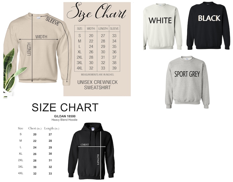 K&ouml;nnte beinhalten: Gr&ouml;&szlig;entabelle f&uuml;r ein Unisex-Crewneck-Sweatshirt in Wei&szlig;, Schwarz und Sportgrau. Die Tabelle zeigt die Ma&szlig;e in Zoll f&uuml;r Brustumfang, L&auml;nge und &Auml;rmel f&uuml;r die Gr&ouml;&szlig;en S bis 4XL. Die Tabelle enth&auml;lt auch ein Diagramm des Sweatshirts mit den beschrifteten Ma&szlig;en.