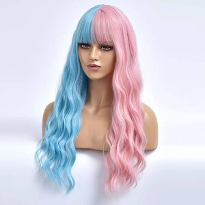 Blue Pink Long wig with Fringe Party Dress Up Costume Cosplay | Fashion Gift Bangs Synthetic Present Halloween Style Wavy DragLolita