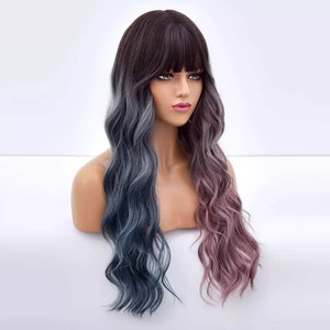 Black Blue Pink Ombre Long wig with Fringe Party Dress Up Costume Cosplay | Fashion Gift Bangs Synthetic  Present Halloween Style Wavy Drag