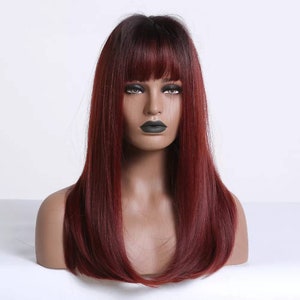 Long Dark Red Auburn Hairstyle Hair Party Dress Up Costume Cosplay | Fashion Gift Bangs long ombre Synthetic Holidays Present NaturalLolita