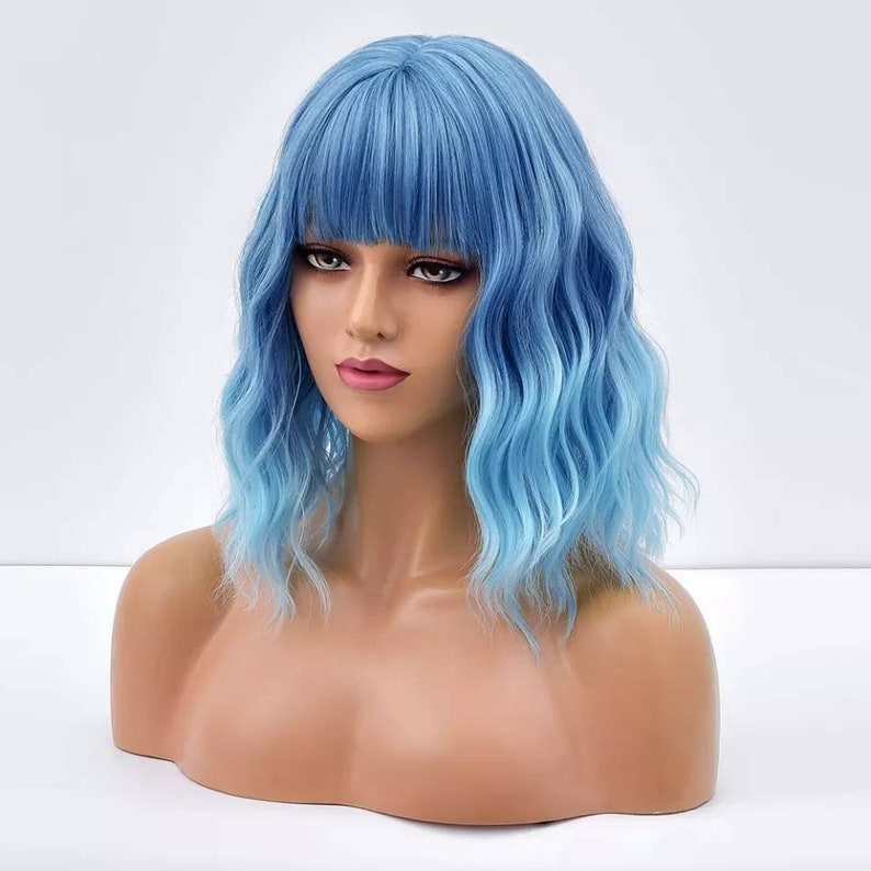 Blue Ombre Bob wig with Fringe Party Dress Up Costume Cosplay Fashion Gift Bangs Synthetic Present Halloween Style Wavy DragLolita image 3