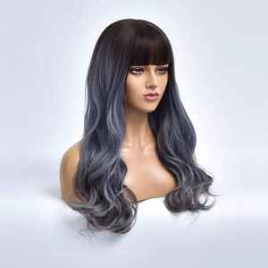 Black Grey Ombre Long wig with Fringe Party Dress Up Costume Cosplay | Fashion Gift Bangs Synthetic Present Halloween Style Wavy DragLolita