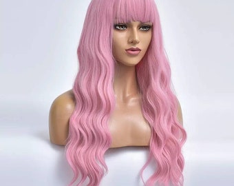 Pink Long wig with Fringe Party Dress Up Costume Cosplay | Fashion Gift Bangs Synthetic Present Halloween Style Wavy DragLolita