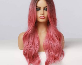 Long Curly Hot Pink Hairstyle Hair Party Dress Up Costume Cosplay | Fashion Gift Bangs long ombre Synthetic Holidays Present NaturalLolita