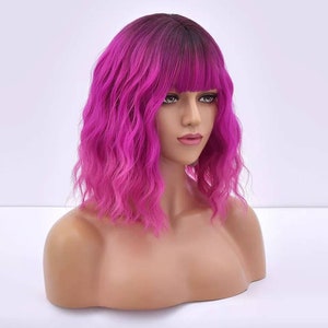 Pink Ombre Bob wig with Fringe Party Dress Up Costume Cosplay | Fashion Gift Bangs Synthetic  Present Halloween Style Wavy DragLolita