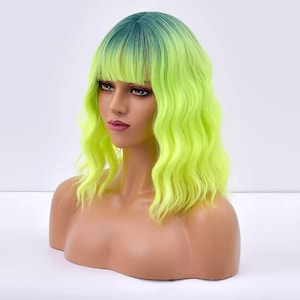 Green Ombre Long wig with Fringe Party Dress Up Costume Cosplay | Fashion Gift Bangs Synthetic  Present Halloween Style Wavy DragLolita