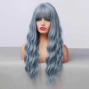 Blue Grey Long wig with Fringe Party Dress Up Costume Cosplay | Fashion Gift Bangs Synthetic Holidays Present Halloween Style WavyLolita