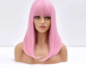 Pink wig with Fringe Party Dress Up Costume Cosplay | Fashion Gift Bangs Synthetic Present Halloween Style Wavy DragLolita