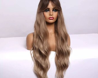 Brunette Ombre Blonde Long wig with Fringe Party Dress Up Costume Cosplay | Fashion Gift Bangs Synthetic Holidays Present Halloween Style