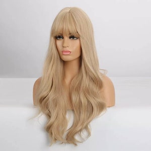 Blonde Long wig with Fringe Party Dress Up Costume Cosplay | Fashion Gift Bangs Synthetic  Present Halloween Style Wavy Golden Princess