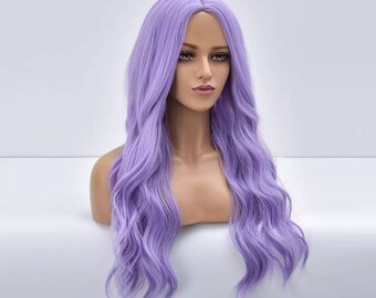 Purple Violet Long wig with Fringe Party Dress Up Costume Cosplay | Fashion Gift Bangs Synthetic Present Halloween Style Wavy DragLolita