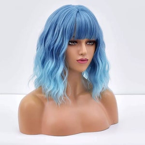 Blue Ombre Bob wig with Fringe Party Dress Up Costume Cosplay Fashion Gift Bangs Synthetic Present Halloween Style Wavy DragLolita image 1