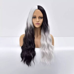 Black Grey Long wig with Fringe Party Dress Up Costume Cosplay | Fashion Gift Bangs Synthetic Present Halloween Style Wavy Drag Cruella