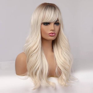 Blonde Long wig with Fringe Party Dress Up Costume Cosplay | Fashion Gift Bangs Synthetic Present Halloween Style Wavy Drag Barbie
