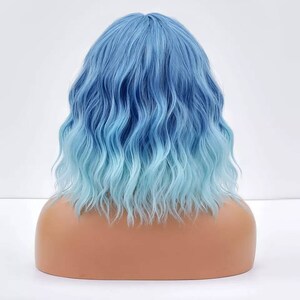 Blue Ombre Bob wig with Fringe Party Dress Up Costume Cosplay Fashion Gift Bangs Synthetic Present Halloween Style Wavy DragLolita image 2