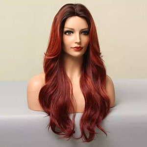 Long Wavy Dark Red Hairstyle Hair Party Dress Up Costume Cosplay | Fashion Gift Bangs long ombre Synthetic Present NaturalLolita