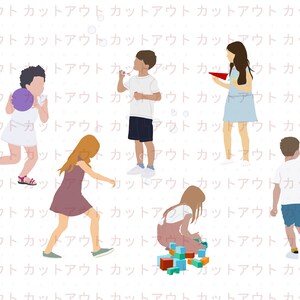 May include: Five children playing outdoors. A girl in a white dress plays with a purple ball, another girl in a pink dress kicks a ball, a boy in a white shirt blows bubbles, a girl in a blue dress holds a red paper airplane, and a boy in a white shirt walks away from the group.