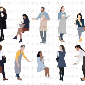 May include: A group of nine people in various poses, some holding coffee cups, others holding food, and one person talking on a phone. The people are all wearing casual clothing and are standing or sitting on a white background.