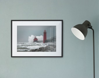 Lake Michigan Waves at Grand Haven Lighthouse Photo Print