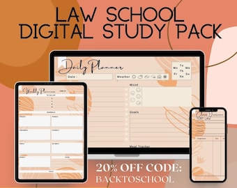 May include: A digital study pack for law school students. The pack includes a daily planner, a weekly planner, and a class overview template. The planners feature a peach background with brown abstract shapes and a 20% off code: BACKTOSCHOOL.