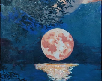 Moon glitter mini アクリルテクスチャーアート() Handmade Glitter Moon Acrylic Painting, Red Full Moon Reflection