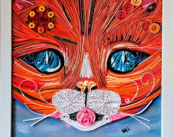 Quilling, Cat sticking out its pink tongue, mixed media, acrylic paint and quilling, framed, very special cat, red and orange cat