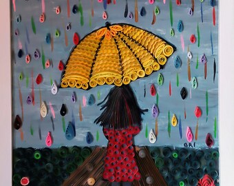 Original Quilling Art | Rainy Day Girl, Colorful Acrylic Painting (11x11 framed)