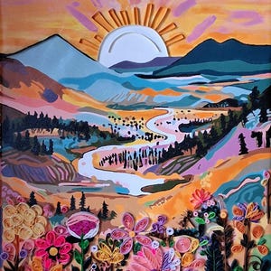 May include: A vibrant landscape painting depicting a sunrise over mountains and a river. The foreground features colourful, paper-like flowers in shades of pink, yellow, and orange. The artwork has a textured, layered appearance.
