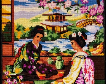 Vintage Japanese Geisha Tapestry, Handmade Half Cross Stitch, Tea Scene