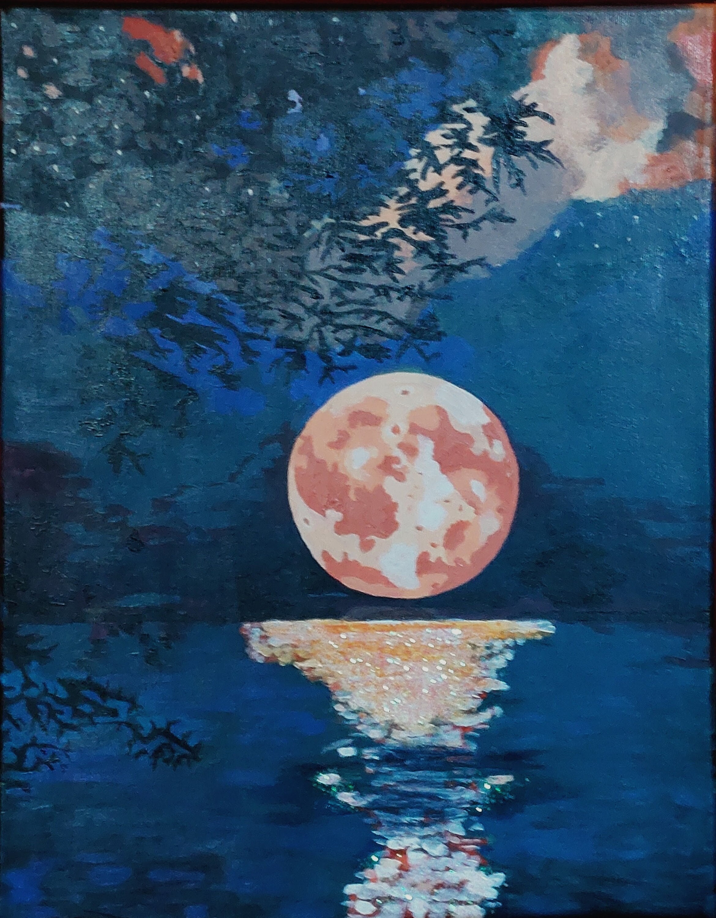 Moon glitter mini アクリルテクスチャーアート() Handmade Glitter Moon Acrylic Painting, Red Full Moon Reflection