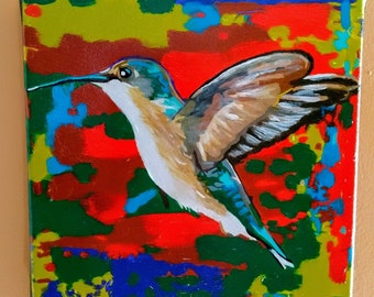 Hummingbird flying, colorful abstract background, 8" x 8" ,handmade, acrylic painting, Ready to display