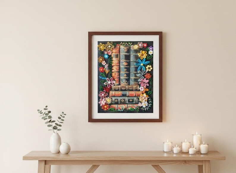Quilled Flowers & Books Canvas Art, Handmade Paper Filigree Floral Wall Decor image 4