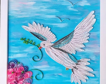 Framed Peace Dove Quilling Art, Acrylic Painting, Colorful Flowers