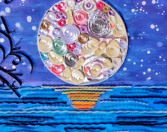 Quilling Moon Art: Mixed Media Paper & Acrylic Painting (10x10 inches)
