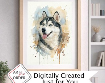 Retrato personalizado de Husky en acuarela – Arte de mascota personalizado a partir de foto, archivo digital, cualquier  tamaño