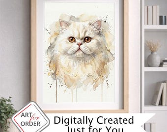Retrato personalizado de gato, arte digital en acuarela único, descarga digital a partir de la foto de tu gato.