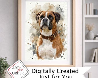 Retrato personalizado de Boxer en acuarela – Arte de mascota personalizado a partir de foto, archivo digital, tamaño a elección