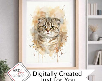 Retrato personalizado de gato, arte digital en acuarela único, descarga digital a partir de la foto de tu gato.